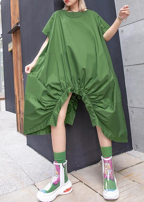 Beautiful green Cotton dresses o neck asymmetric Knee summer Dresses