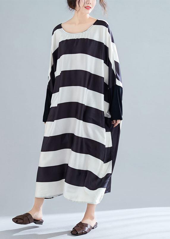 Women black white striped quilting clothes batwing sleeve o neck long summer Dresses