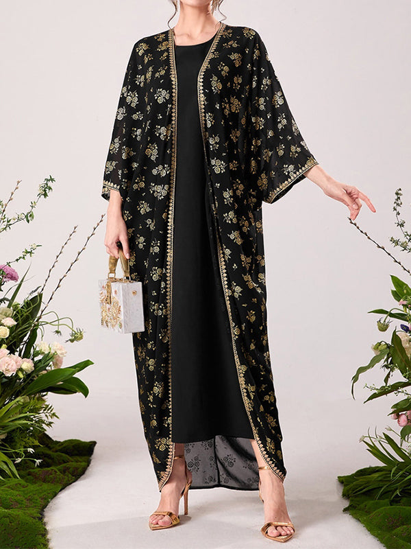 Muslim High Waisted Round-Neck Inner Dress + Flower Print Gauze Batwing Sleeves Outerwear Two Pieces Set