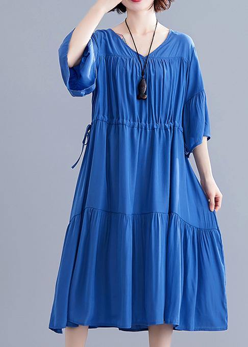 Women v neck drawstring Cotton Catwalk blue Dress summer