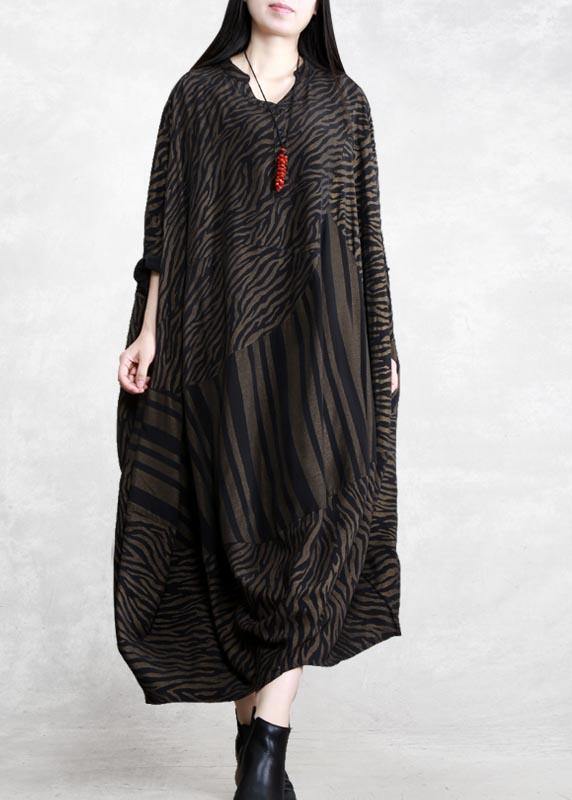 Handmade V Neck Asymmetric Spring Clothes Work Chocolate Striped Robe Dress