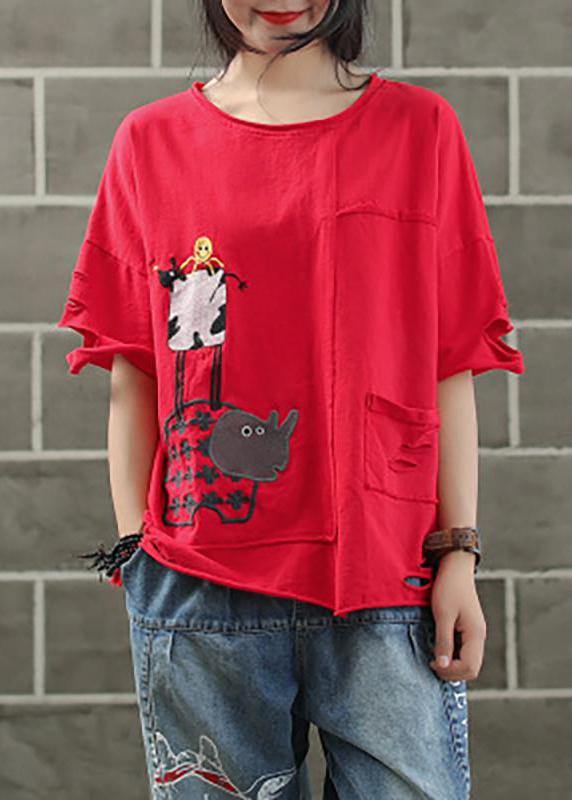 Handmade cotton shirts women Vintage Ripped Hole Embroidery Irregular Casual T-Shirt