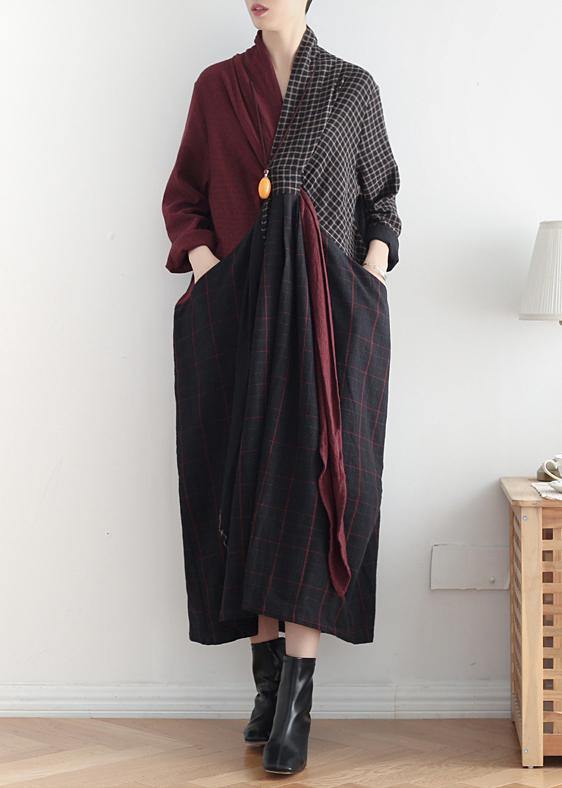 Simple v neck asymmetric linen dresses Wardrobes red patchwork black Dresses fall