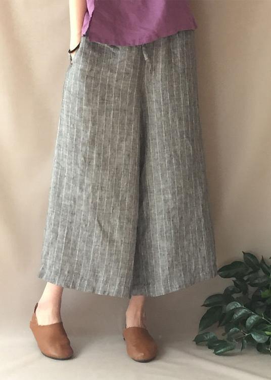 French Summer Women Pants Vintage Gray Striped Fabrics Pockets Pant