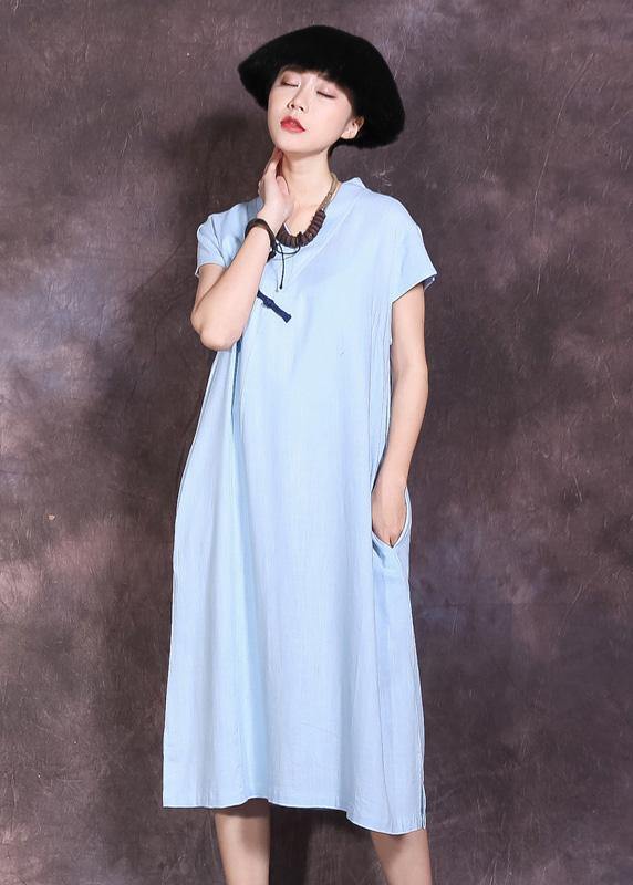 Chic side open linen clothes pattern blue v neck Dresses summer