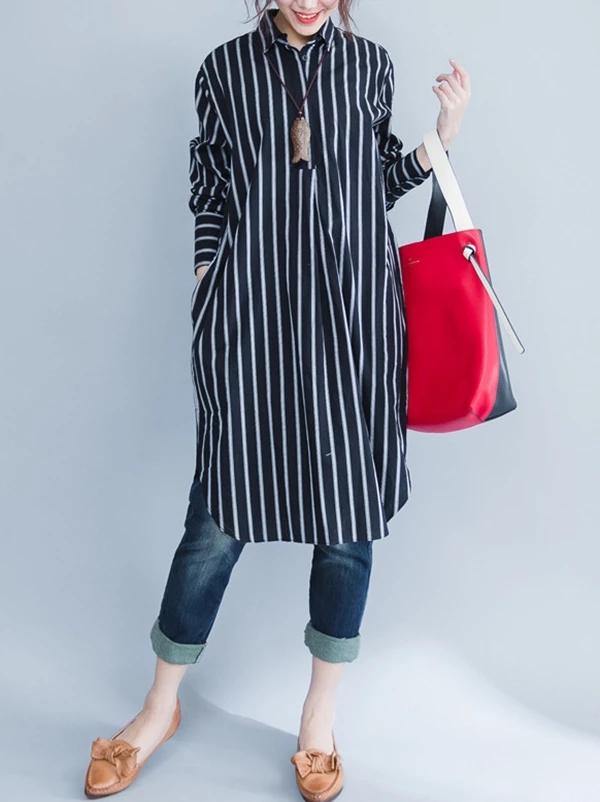 Italian black striped Cotton clothes lapel oversized shirt Dres