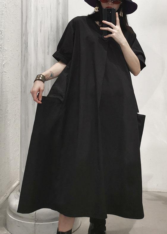 Women black v neck cotton Tunics big pockets Maxi summer Dresses