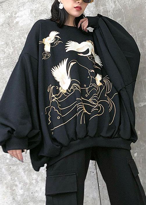 Bohemian black print cotton tunic pattern o neck lantern sleeve oversized blouses