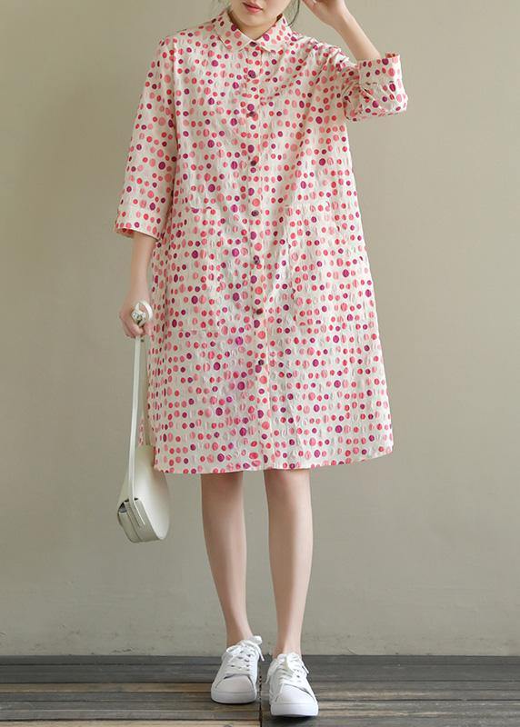 Elegant lapel pockets Cotton dress pink dotted Dress summer