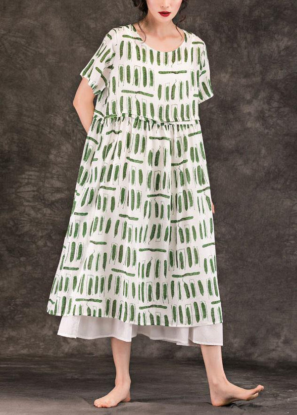 Style green striped linen dresses o neck pockets long summer Dress