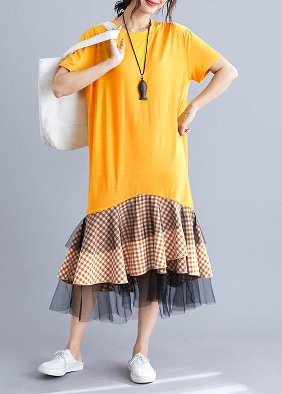 Women yellow cotton tunic dress patchwork plaid A Line summer Dresses