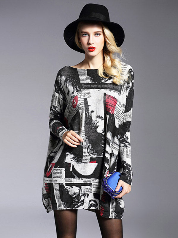 Urban Loose One-Shoulder Printed Split-Joint Sweater