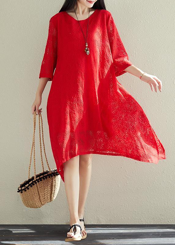 French red cotton outfit Fine pattern asymmetric hem Dresses summer Dress