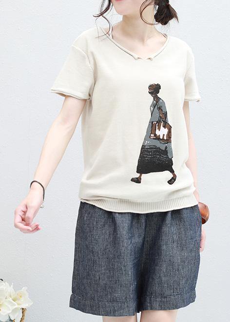 Handmade beige v neck cotton clothes For Women tunic Cartoon print shirt