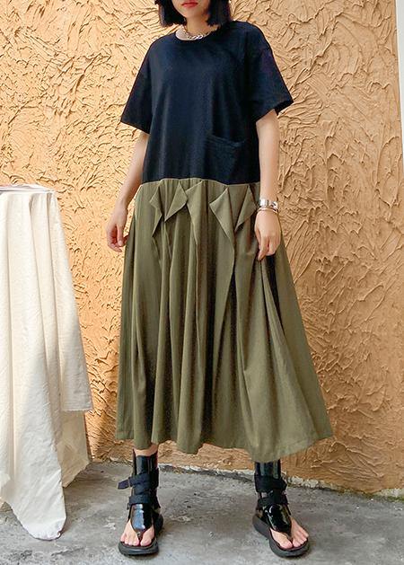 Style army green cotton clothes Women o neck patchwork Traveling summer Dresses