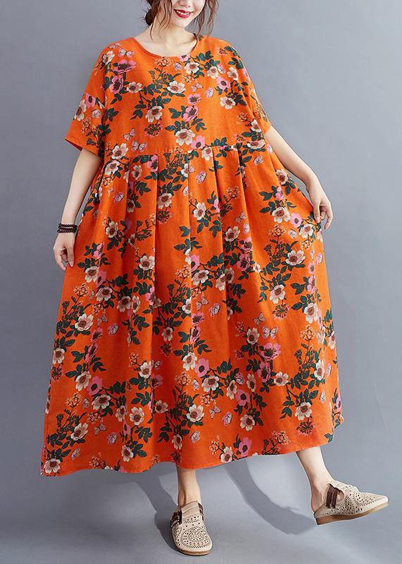 Organic o neck Cinched summer quilting clothes Catwalk orange floral Traveling Dress