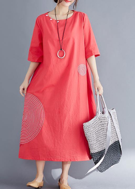 Modern o neck embroidery cotton tunic top Vintage Work Outfits red Maxi Dresses Summer