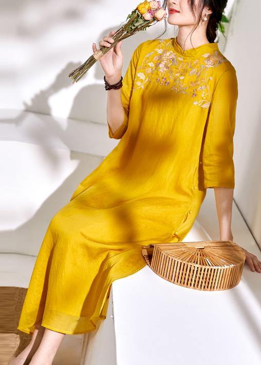 Bohemian stand collar linen clothes For Women yellow embroidery Dresses