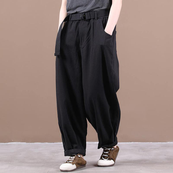 New loose large size literary belt pure black casual pants women