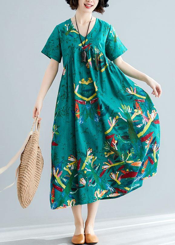 Vivid green cotton dresses prints Kaftan summer Dresses