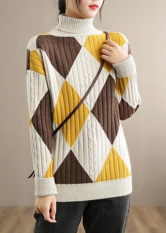 Oversized Beige Yellow Plaid Knitted Clothes High Neck Plus Size Knitwear