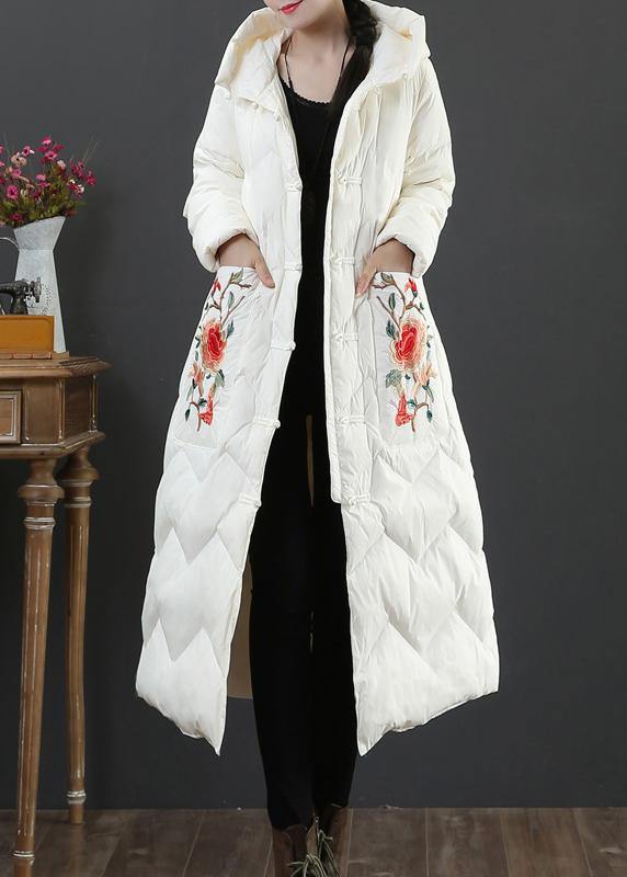 Warm plus size womens parka winter outwear beige embroidery hooded duck down coat