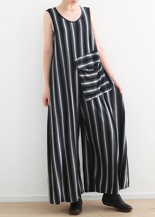 Women sleeveless big pockets cotton quilting pants Sleeveless black striped Plus Size jumpsuit pants summer