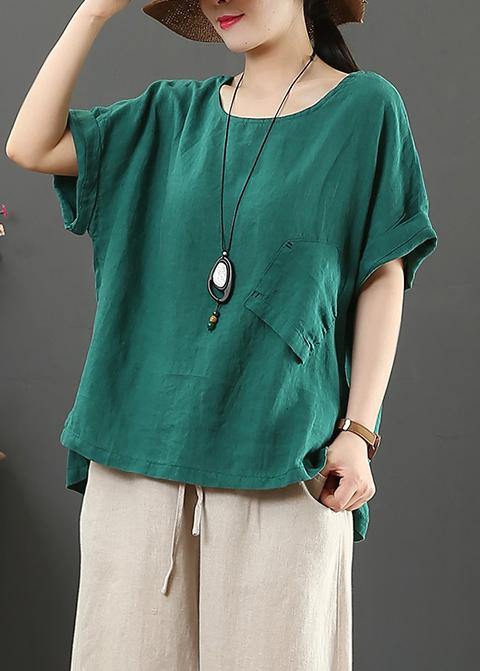 Elegant o neck pockets linen cotton summer shirts women green Art tops