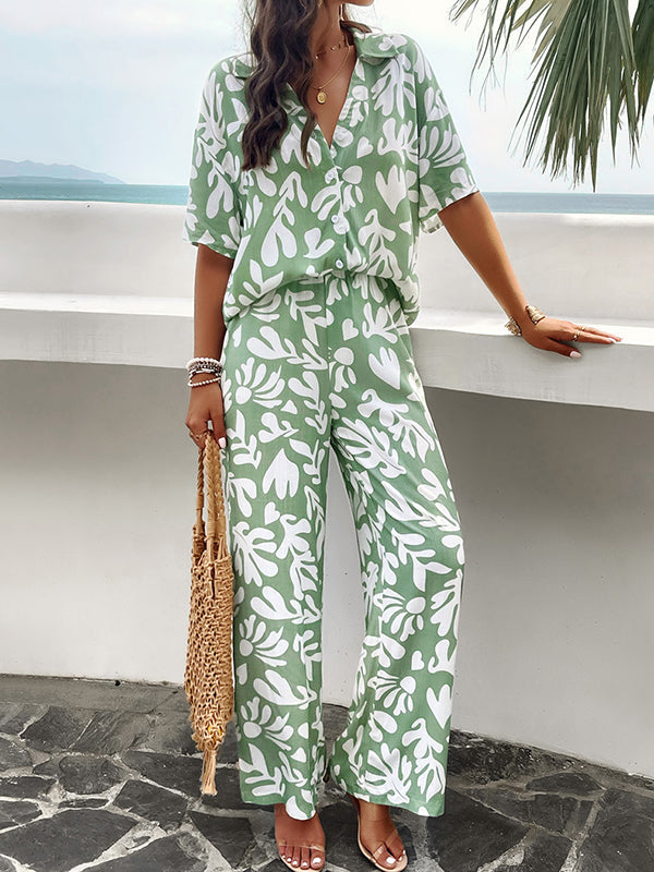 Loose Buttoned Leaves Print Lapel T-Shirts Top + Elasticity High Waisted Pants Bottom Two Pieces Set