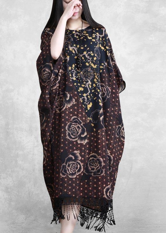 Style Chocolate Print Quilting Clothes O Neck Tassel Plus Size  Spring Dresses