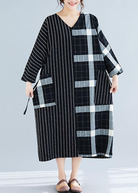 Elegant black Plaid striped v neck patchwork Large pockets cotton spring Dress
