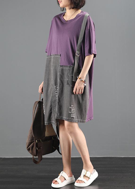 Chic purple patchwork denim dress pattern o neck baggy summer Dress
