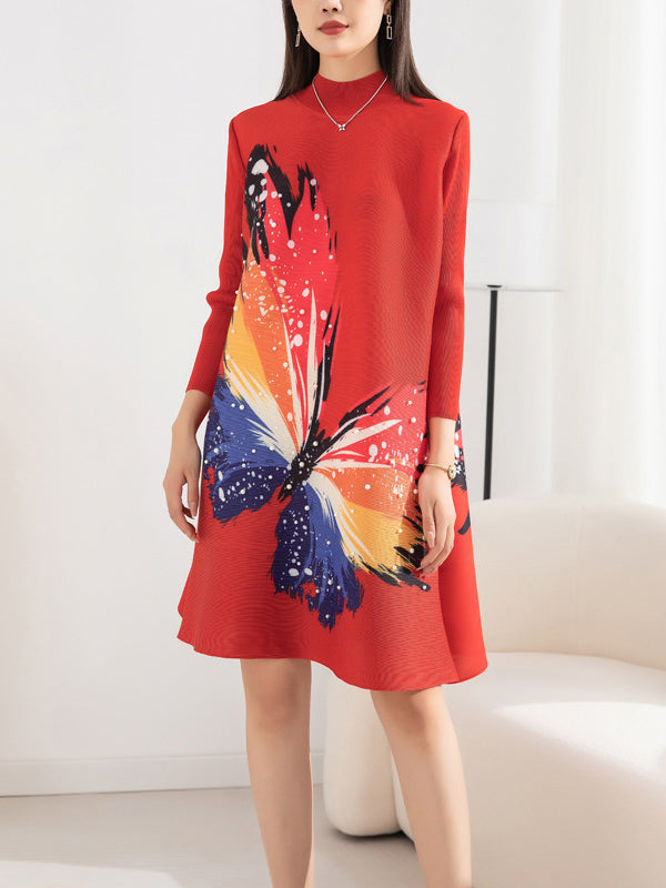Casual Long Sleeves Loose Contrast Color Printed Pleated Beaded Stand Collar Mini Dresses