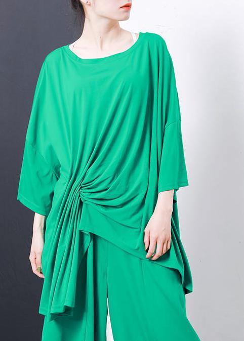 Boho green Irregular Design T-Shirt Elegant cotton Pleated Solid Color clothes