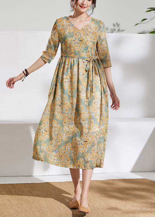 Elegant v neck tie waist linen summerclothes Fabrics green print Dress