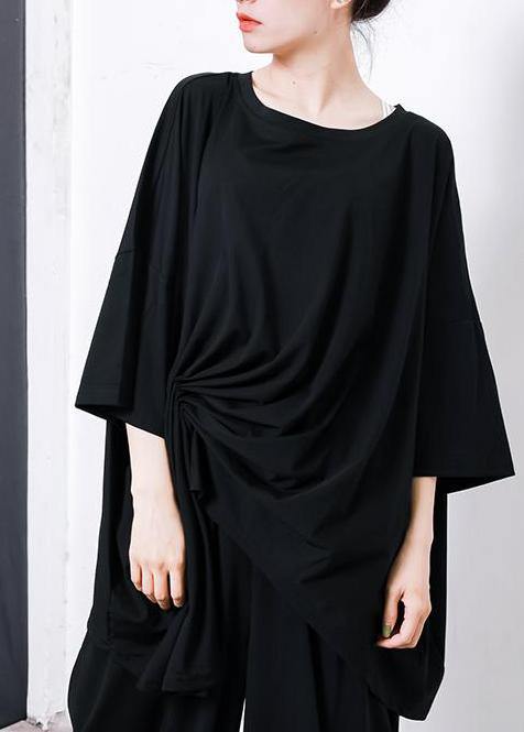 Women black Pakistani Irregular Design Unique cotton clothes For Pleated Solid Color T-Shirt