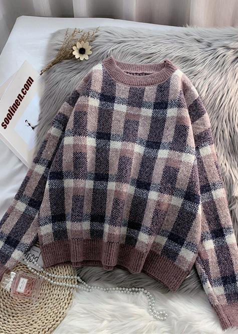 For Work purple knitted clothes warm oversized plaid knitwear