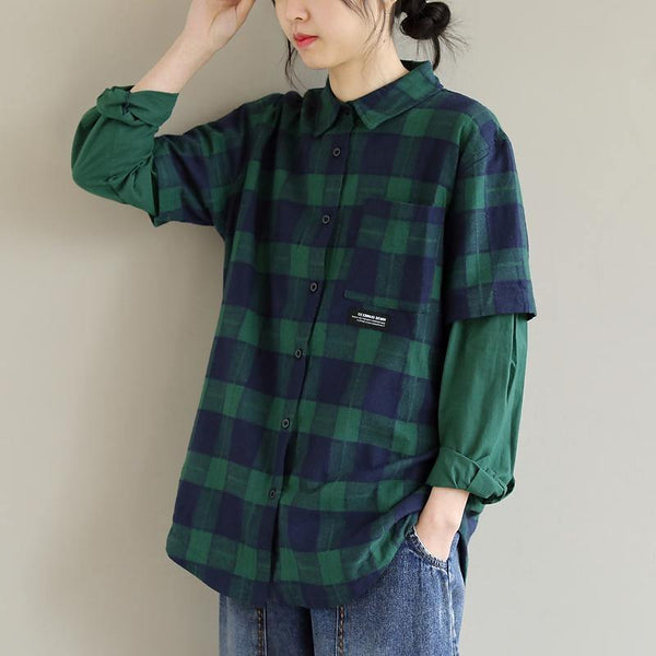 French Blue Green Plaid Tops Women Blouses Lapel False Two Pieces Shirts