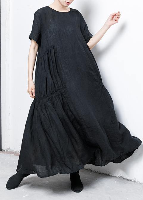 Chic linen cotton Robes Women Pure Color Pleated Elegant A-Line Dress