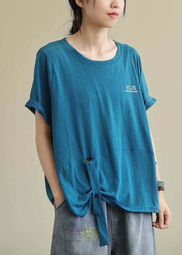 Loose o neck Letter cotton tunics for women Tunic Tops blue blouse