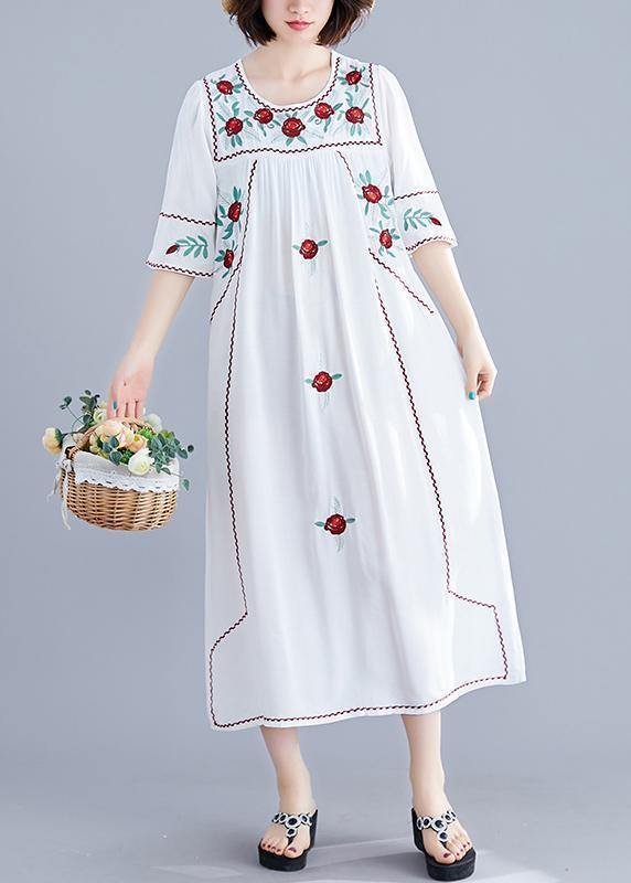 DIY o neck Cinched linen cotton clothes For Women Work white embroidery Dresses summer