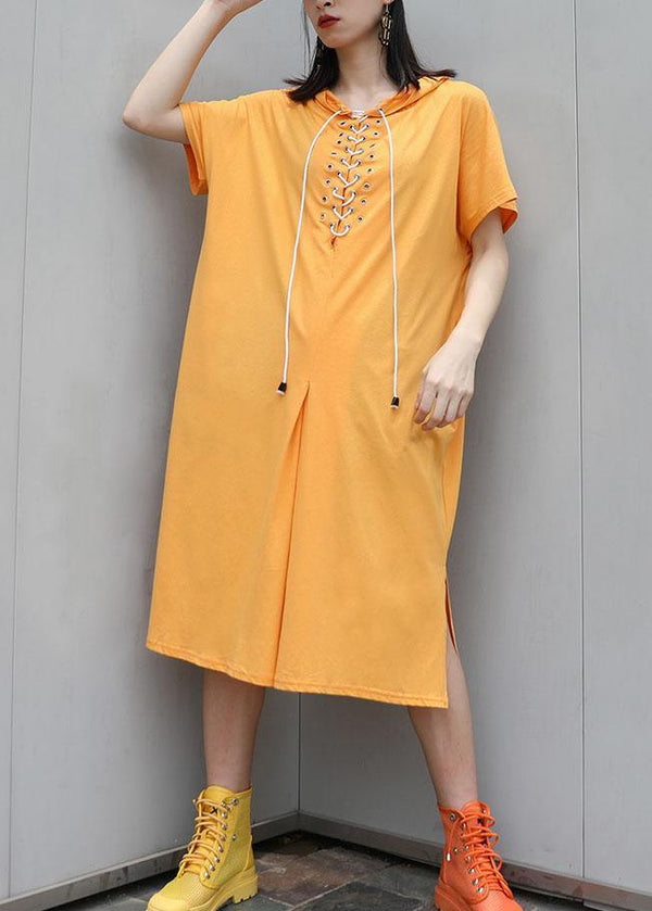 Italian yellow hooded cotton dresses side open long summer Dress