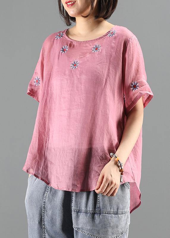 Bohemian pink embroidery tops Work Outfits o neck shirts