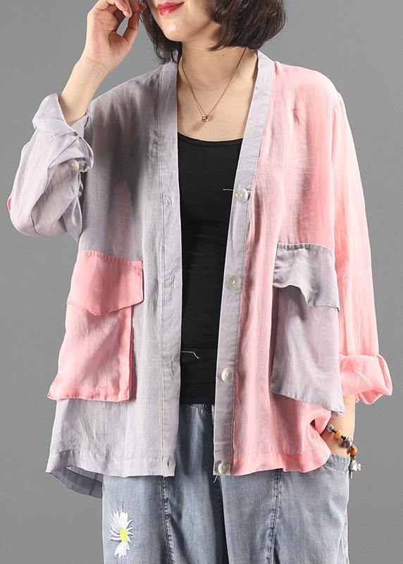 Classy pink patchwork clothes Sewing v neck pockets blouses