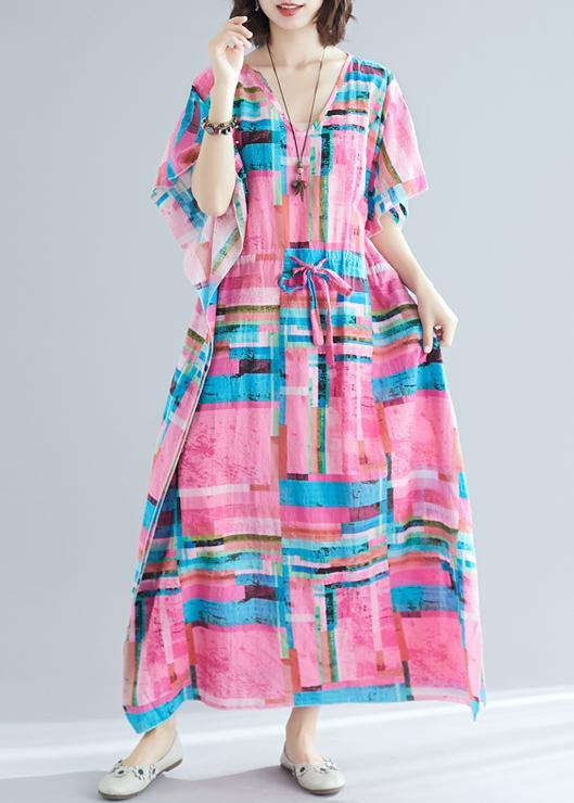 100% pink print Tunics v neck drawstring long summer Dresses