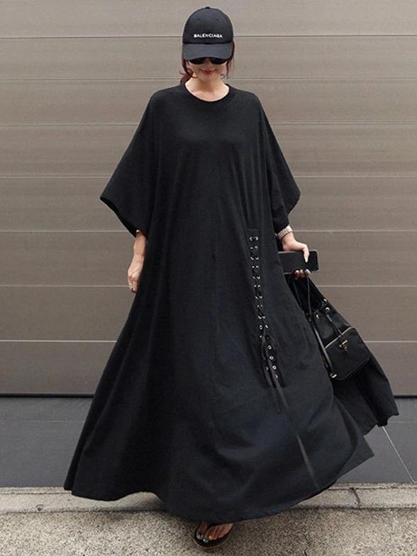 100% o neck large hem cotton clothes Fabrics black Dresses