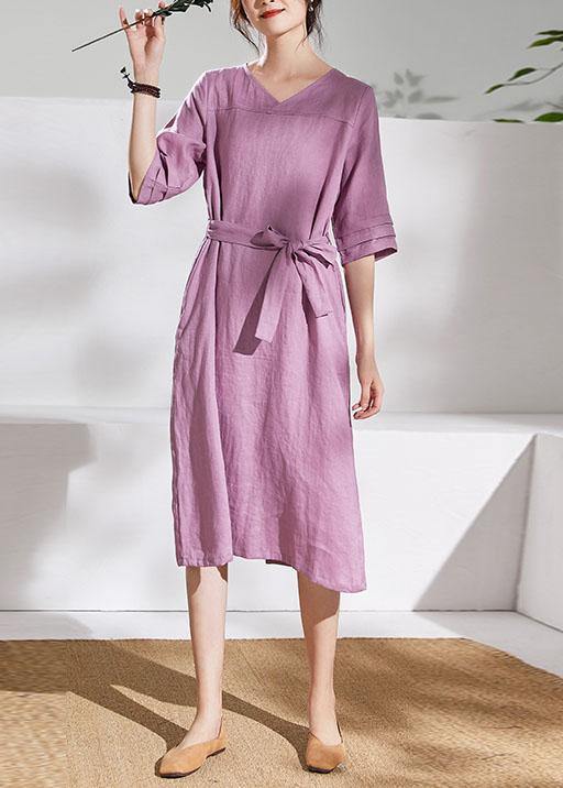 DIY pink purple linen dresses v neck tie waist shift summer Dresses
