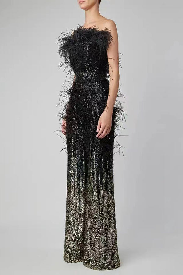 Shiva Ombre Feather Sequin Jumpsuit