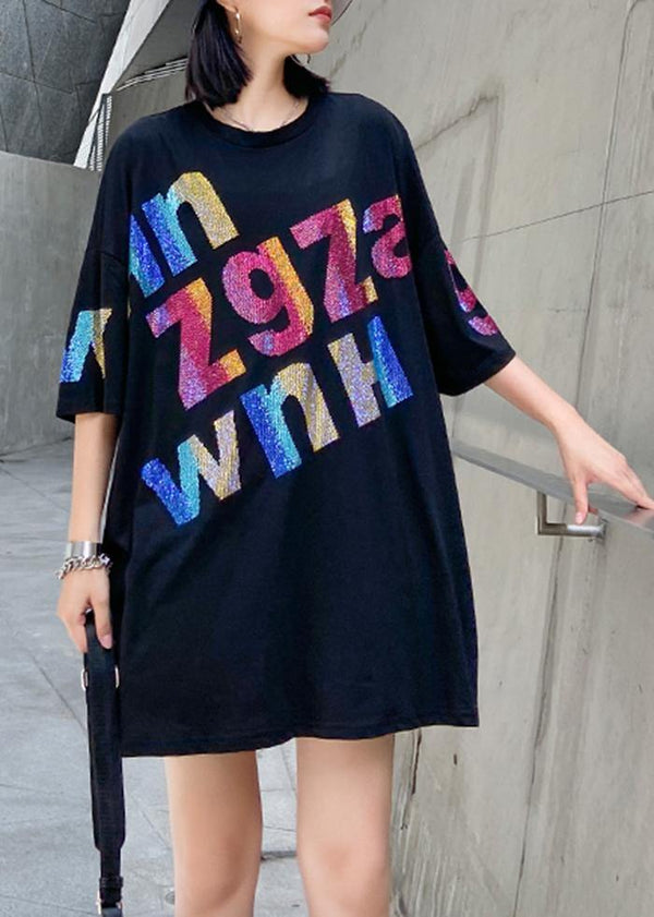 Women black Letter cotton tunic top o neck oversized blouse