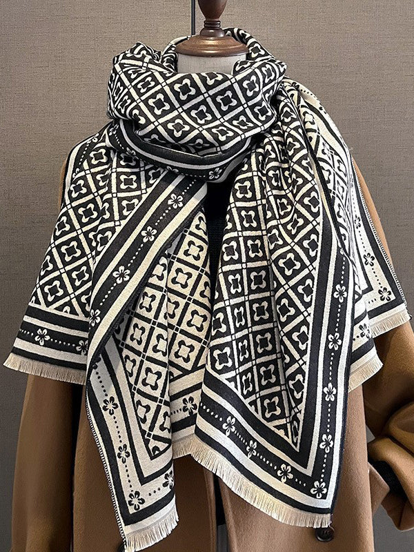 Fringed Geometric Keep Warm Shawl&Scarf